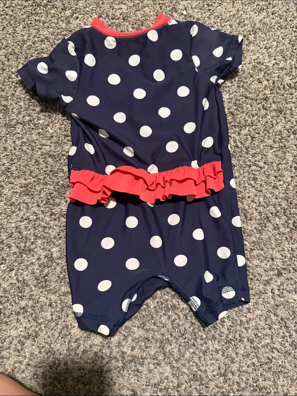 Carter's Navy Polka Dot One-Piece with Coral Trim and Floral Applique